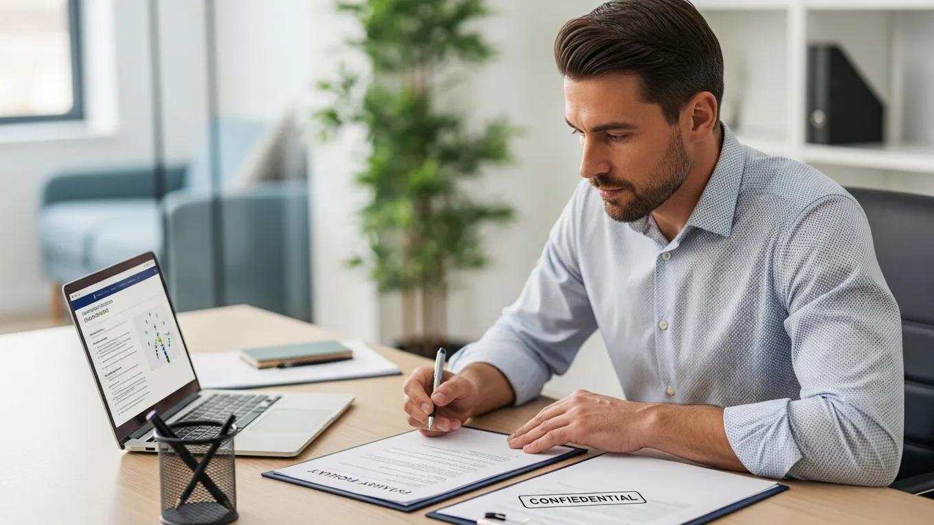 Business owner reviewing privacy policy document in a modern office