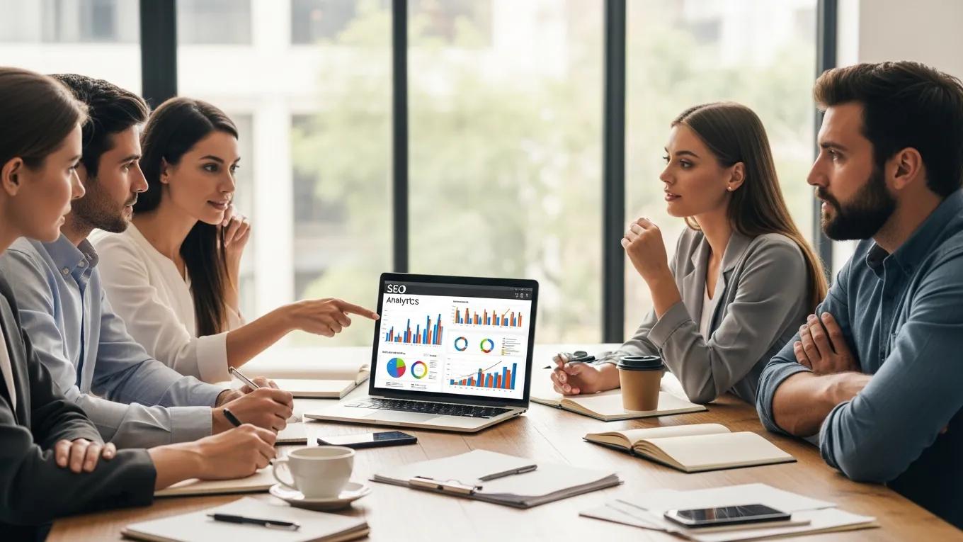 Business team discussing SEO strategies in a meeting, emphasizing the selection of the right SEO company