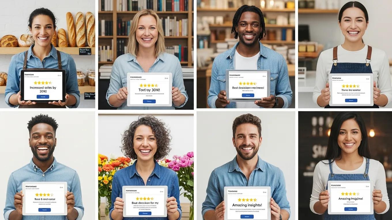 Collage of small business owners sharing success stories from their web design consultation