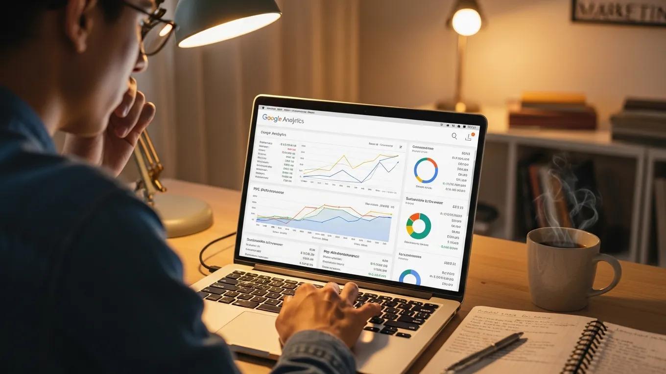 Digital marketing expert analyzing PPC performance metrics on a laptop