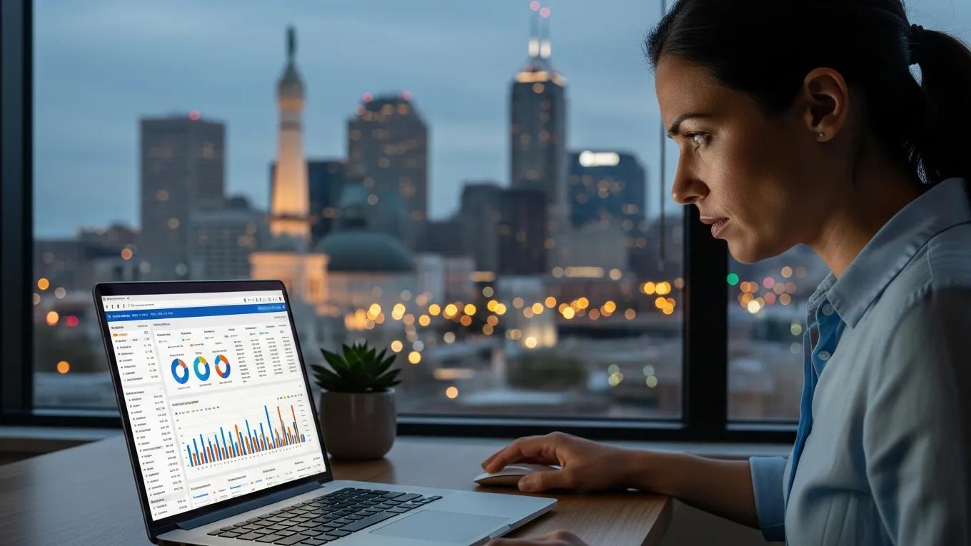 Digital marketing professional analyzing PPC data with Indianapolis skyline in the background