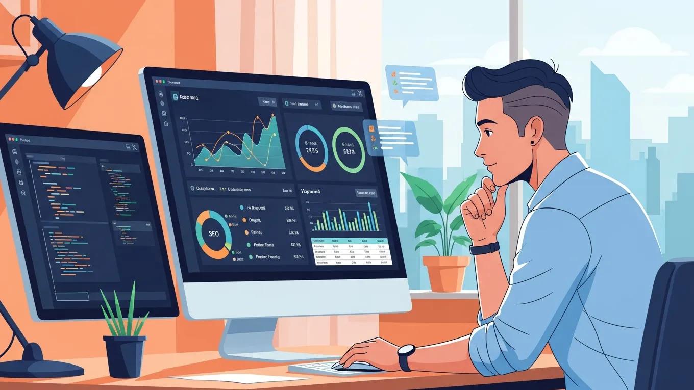 Digital marketing professional analyzing SEO data on a computer screen