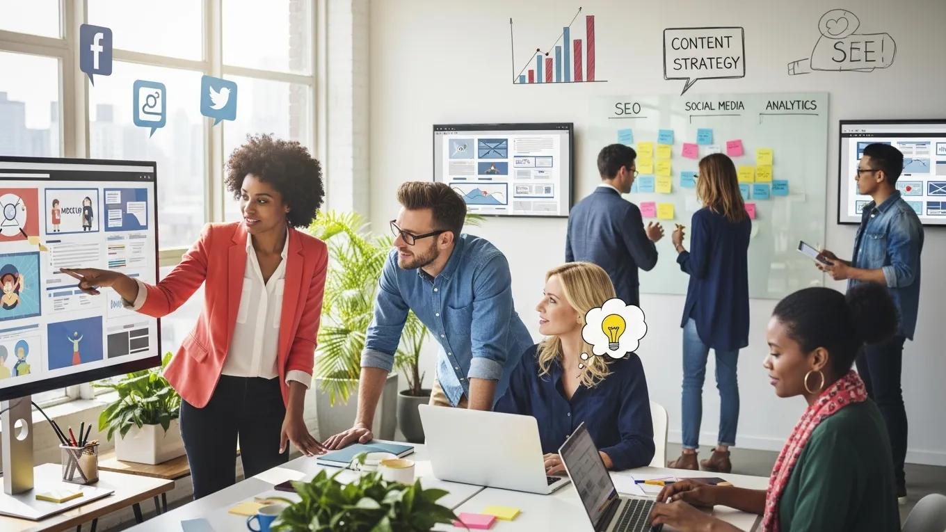 Diverse team collaborating in a modern office, emphasizing marketing leadership and web design