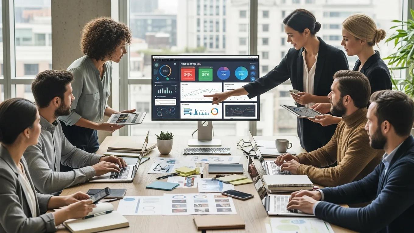 Group of professionals collaborating on digital marketing strategies in a modern office