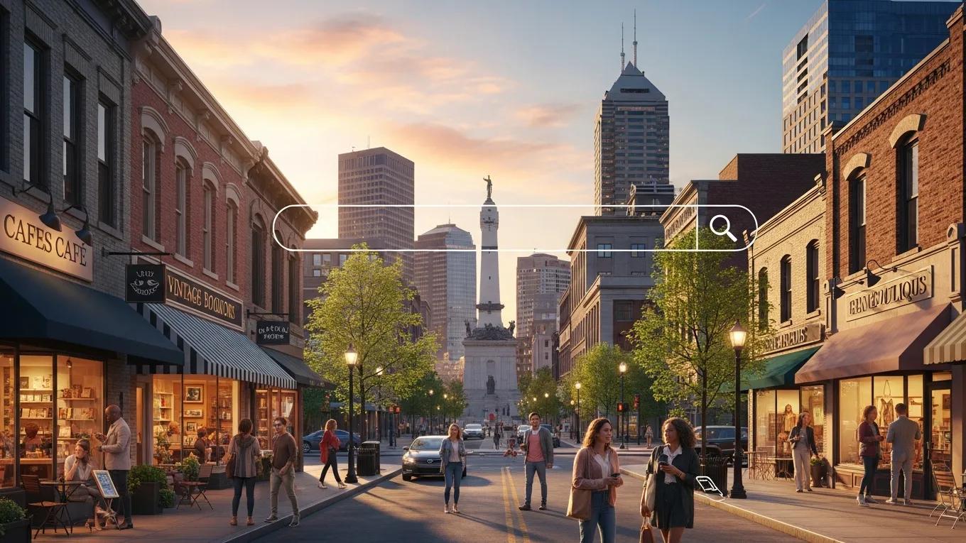 Indianapolis cityscape featuring local businesses and digital elements representing SEO services