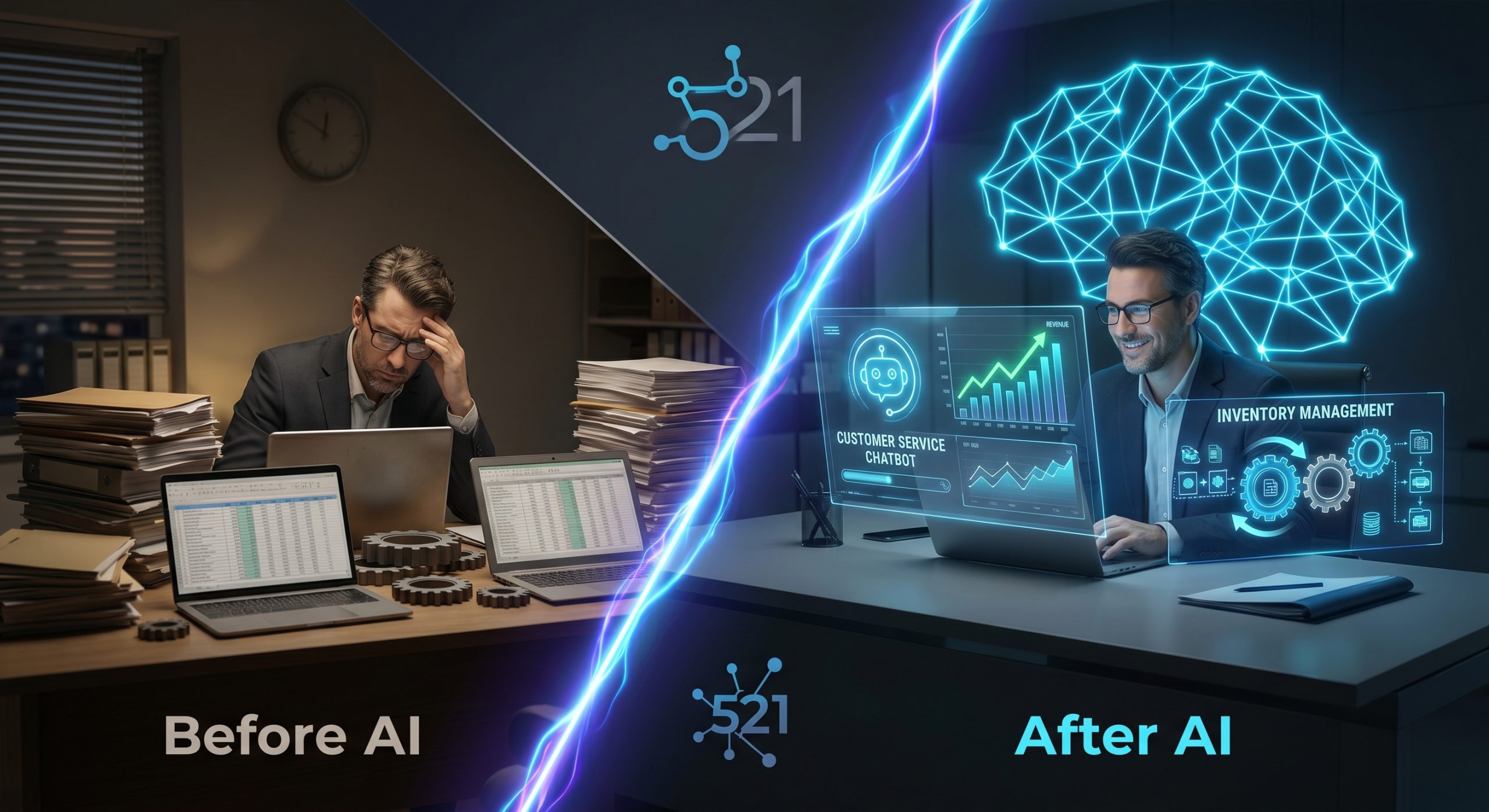 A side-by-side comparison of a business owner before and after hiring an AI automation agency. On the left, a stressed man handles overwhelming paper stacks and manual spreadsheets. On the right, a smiling executive utilizes automated systems with a glowing neon blue digital brain, an interactive customer service chatbot, and real-time inventory management data pipelines by 521 Web Design.