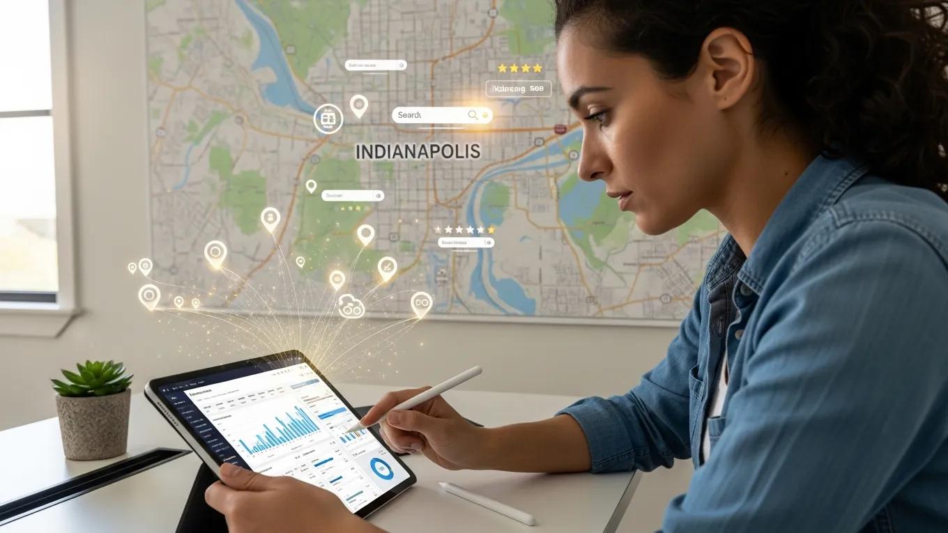 Local business owner analyzing website traffic data with a map of Indianapolis in the background
