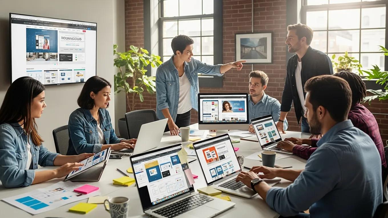 Modern office environment in Indianapolis with professionals collaborating on web design projects