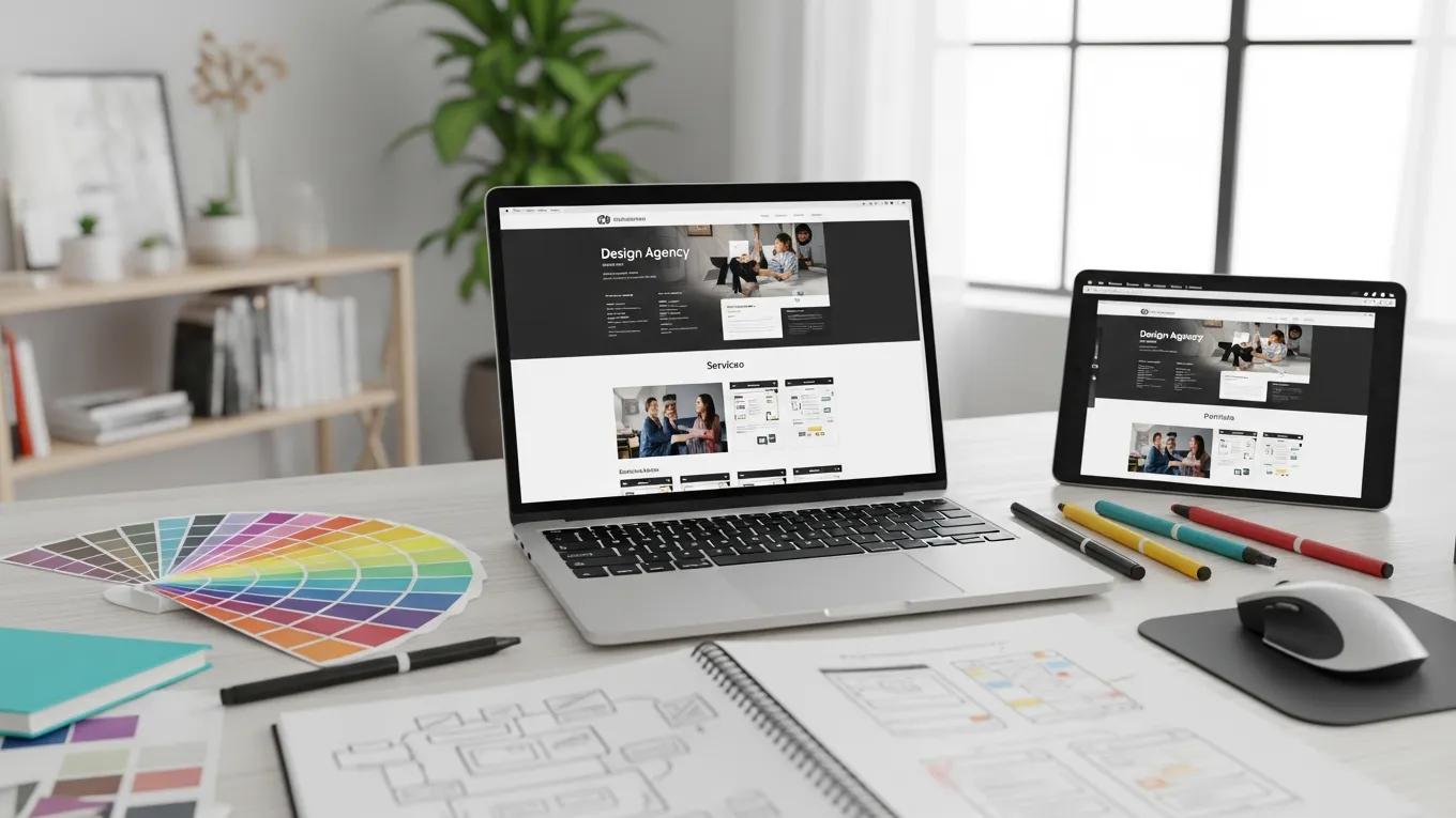 Modern workspace with laptop and design tools representing web design agency services