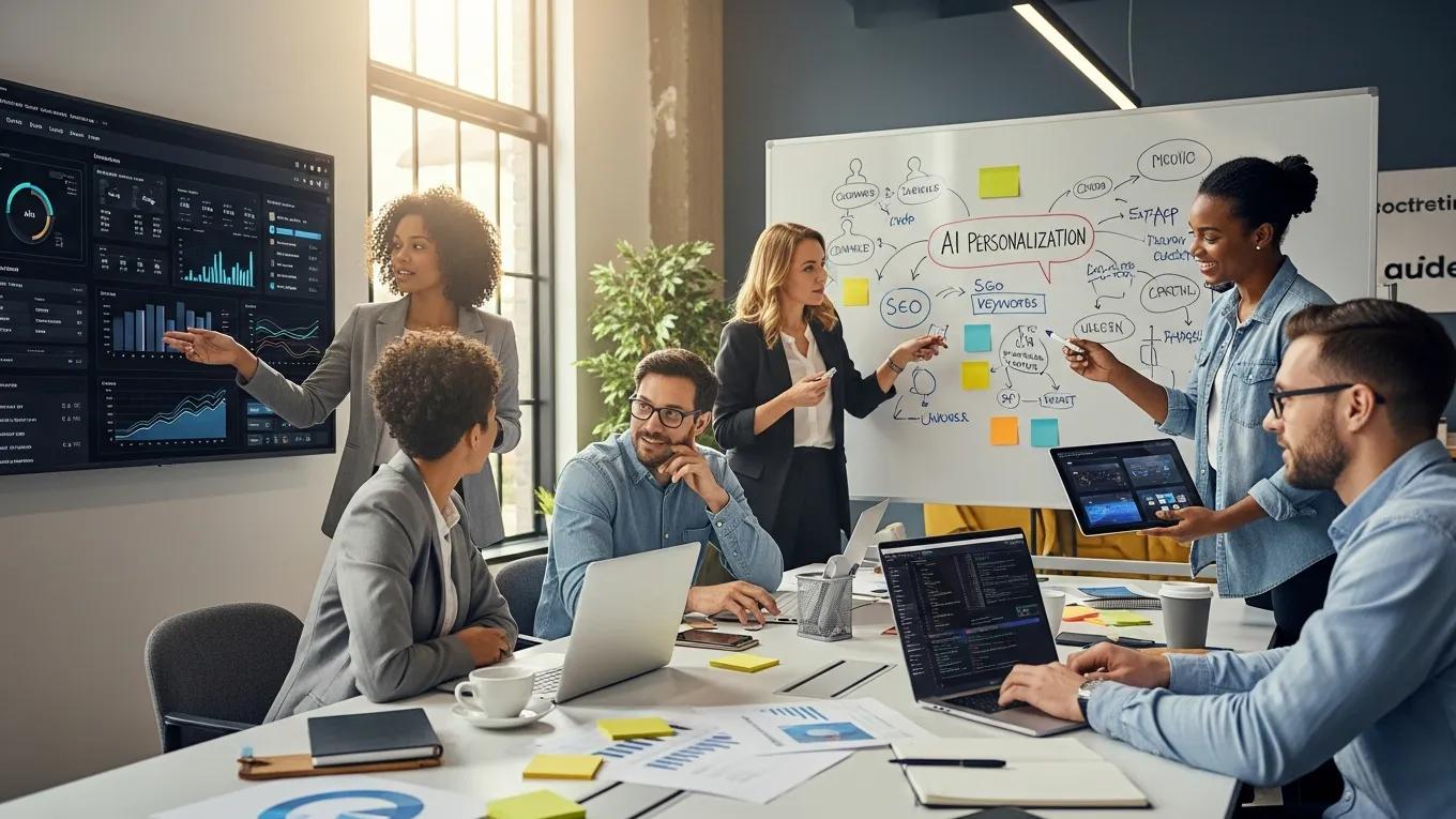 Professionals collaborating on AI marketing strategies in a modern office