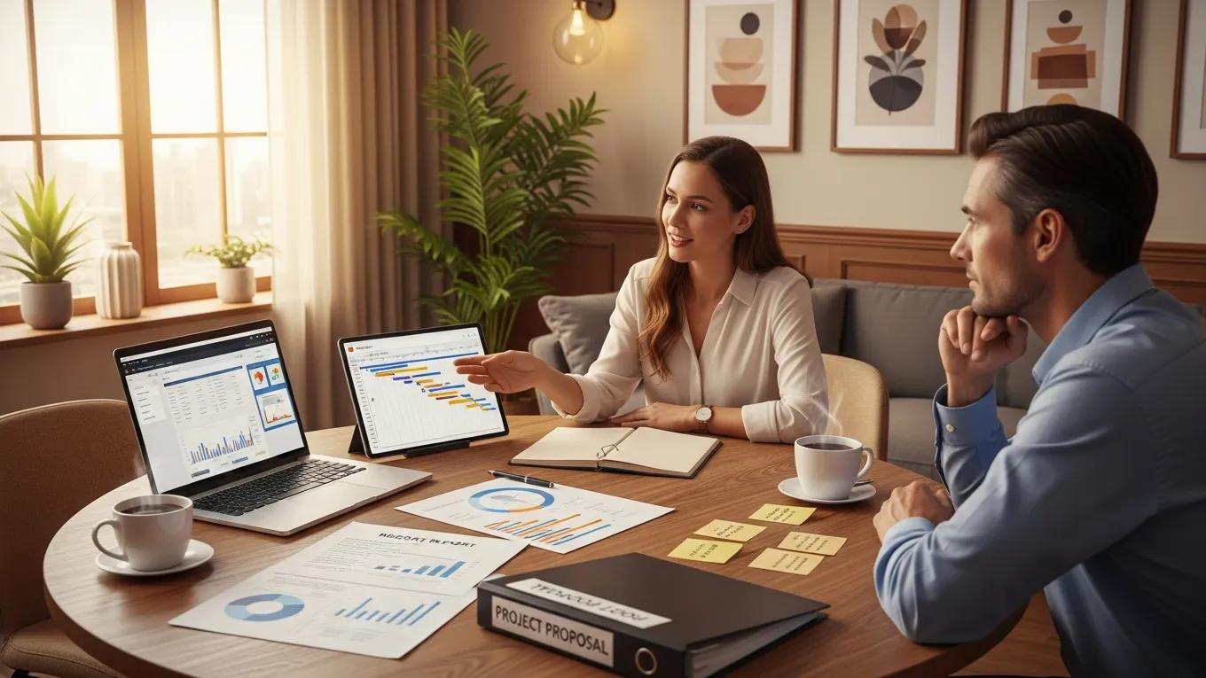 Project manager engaging with a client, emphasizing transparency and collaboration in client relationships