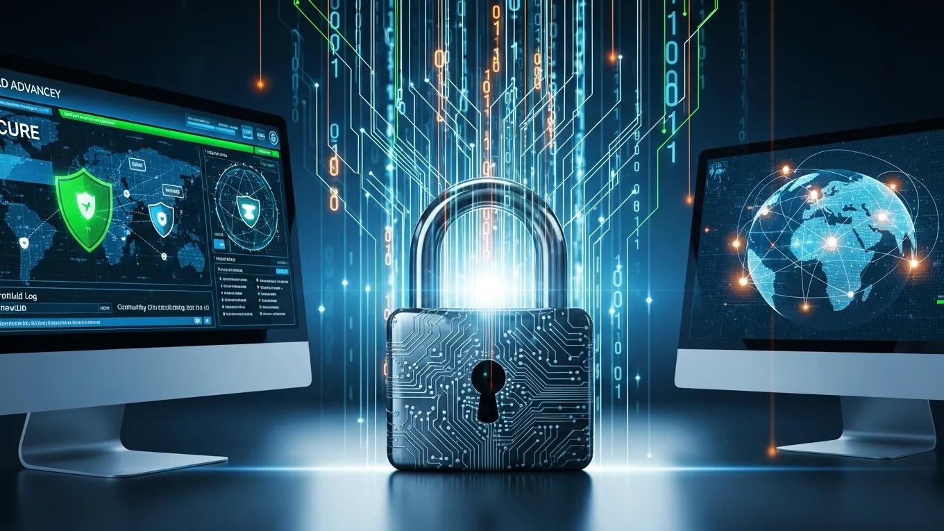 Secure digital environment with padlock and encrypted data streams