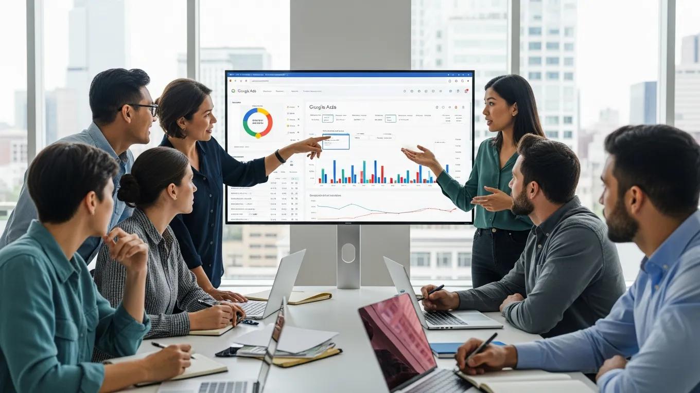 Team collaborating on Google Ads strategies in a modern office setting