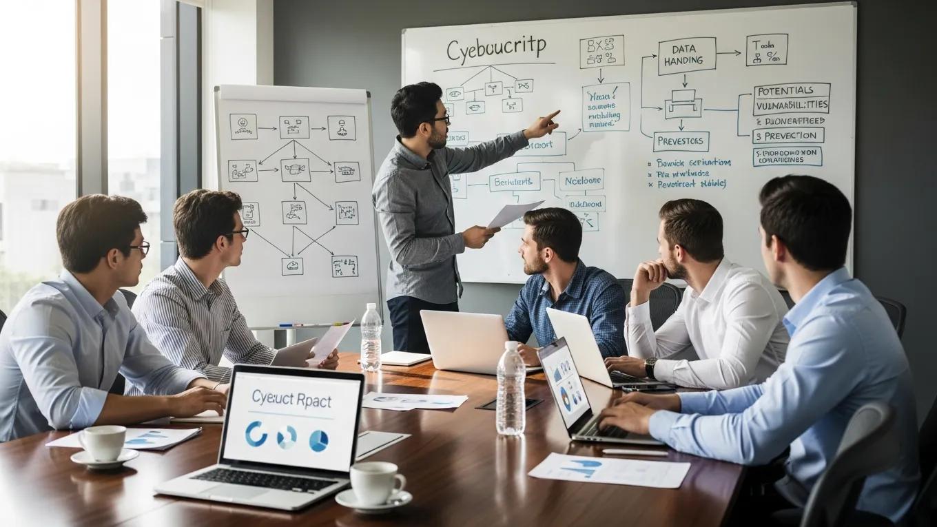 Team discussing data breach prevention strategies in a meeting room