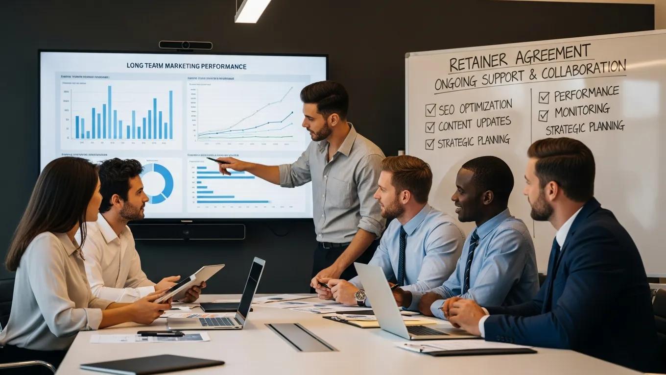 Web design agency team discussing strategies with a client showcasing marketing retainer fees