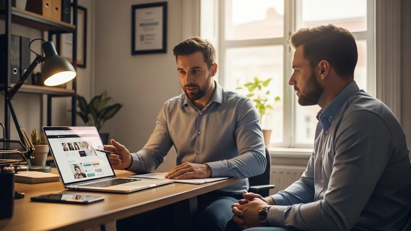Web design consultation in a professional office setting with a consultant and business owner