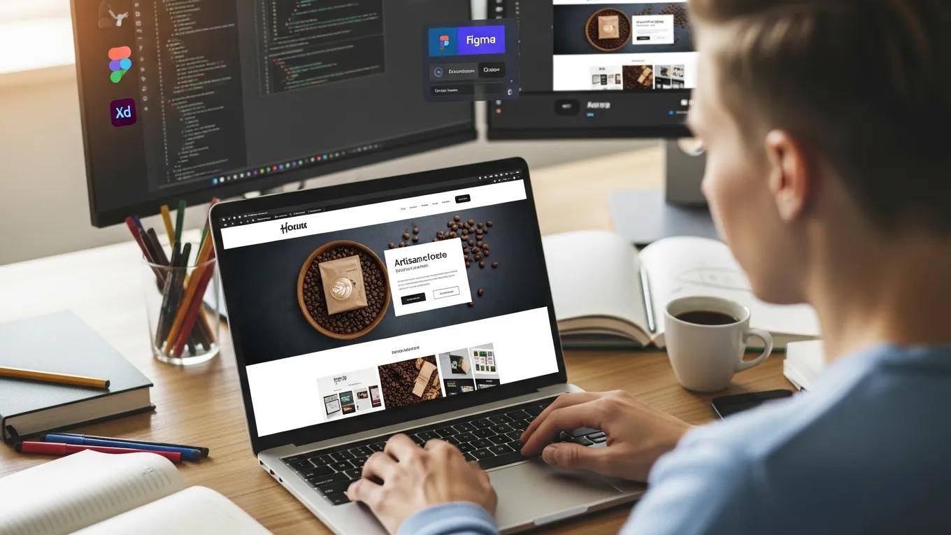 Web designer working on a laptop with a website layout on the screen in a creative workspace