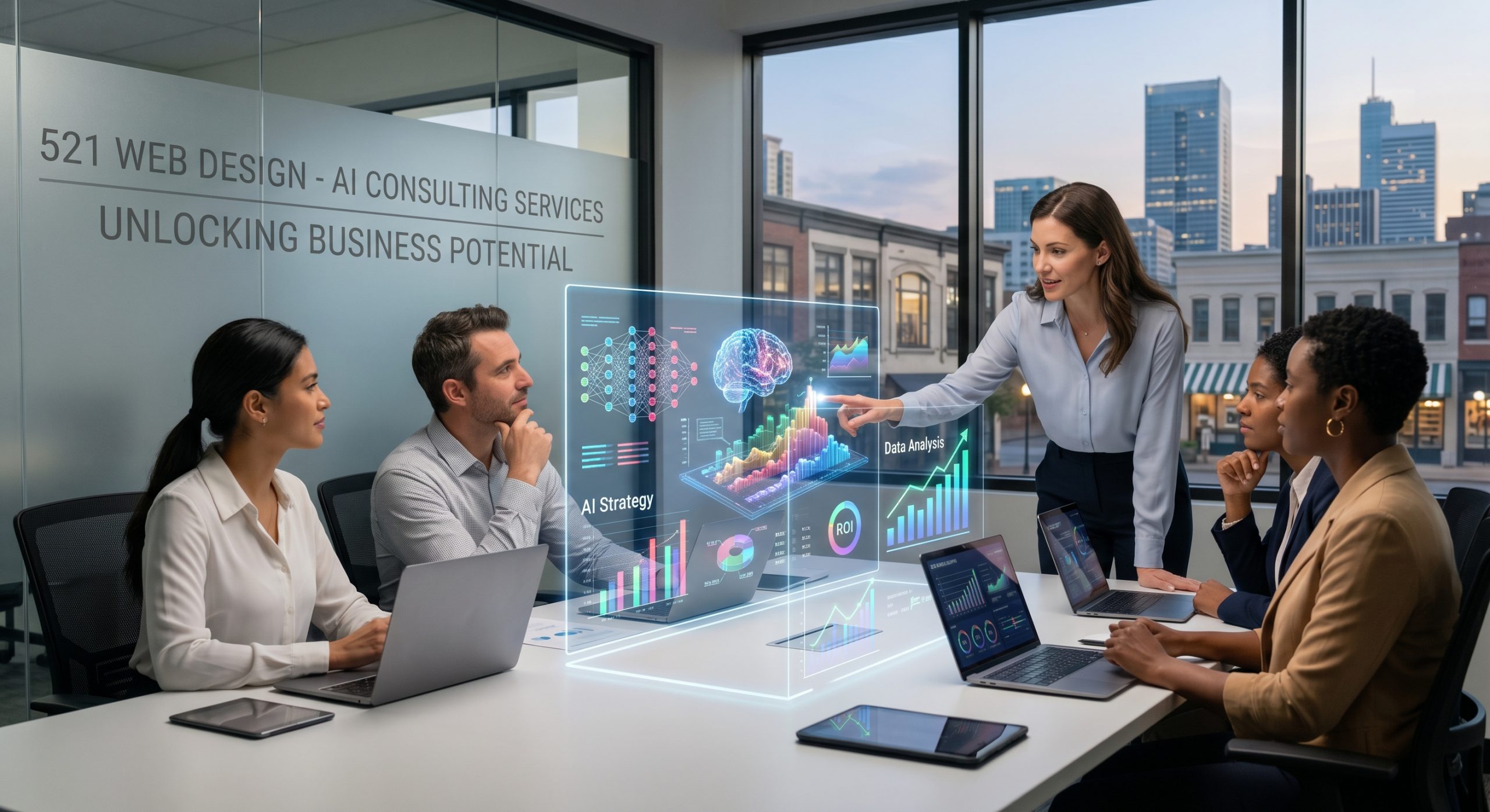521 Web Design — Unlocking Business Potential with AI Consulting A female consultant from 521 Web Design presenting a holographic AI strategy and data analytics dashboard to a business team in a modern boardroom.